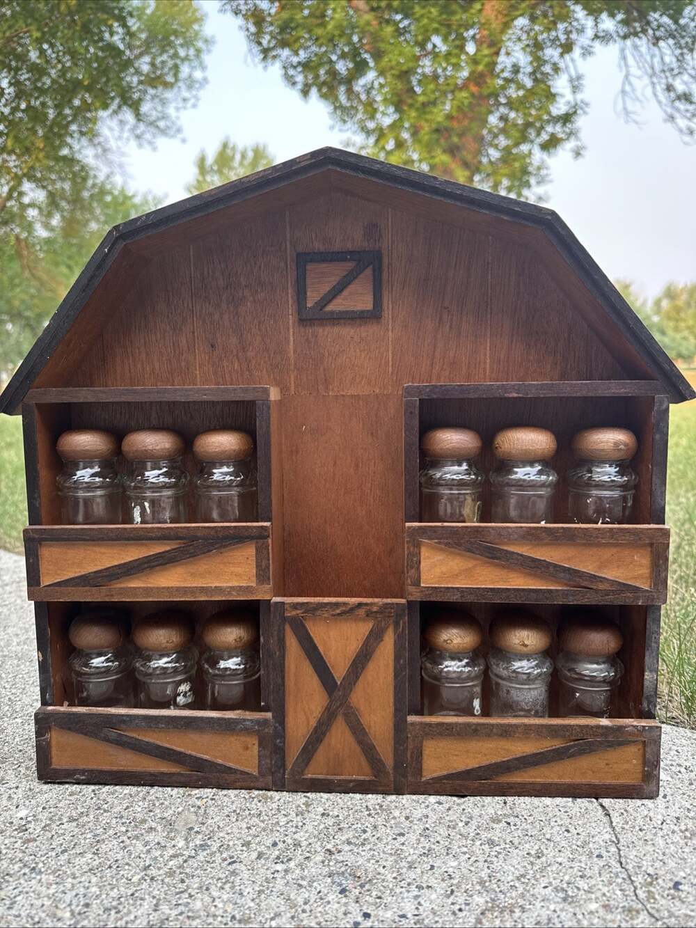 Vintage Wooden Barn Spice Rack Shadow Box Display 12 Glass Jars Rustic Farmhouse